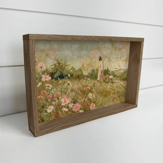 Lamb Following Jesus Wildflowers - Cottage Living Room Art: 6x10" Mini Canvas Art with Wood Box Frame