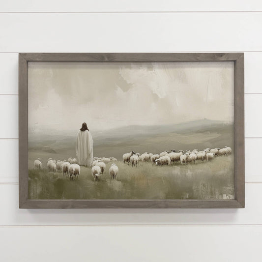 Jesus Flock of Sheep - Jesus Canvas Art - Wood Framed Decor: 12x18" Medium Canvas Art with Thick Wood Frame