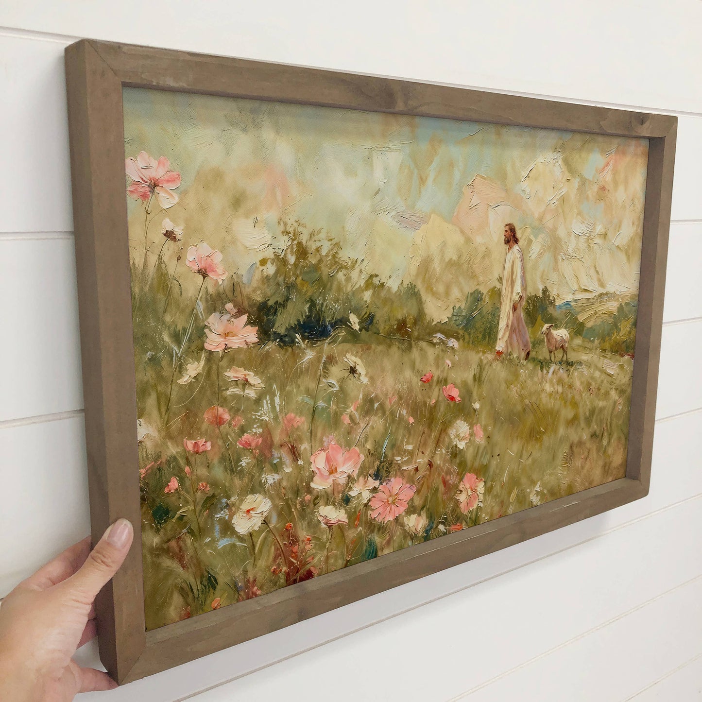 Lamb Following Jesus Wildflowers - Cottage Living Room Art: 6x10" Mini Canvas Art with Wood Box Frame