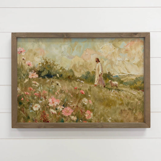 Lamb Following Jesus Wildflowers - Cottage Living Room Art: 6x10" Mini Canvas Art with Wood Box Frame